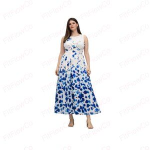 NWT XL Blue Watercolor Floral Fit & Flare Midi Dress Sleeveless